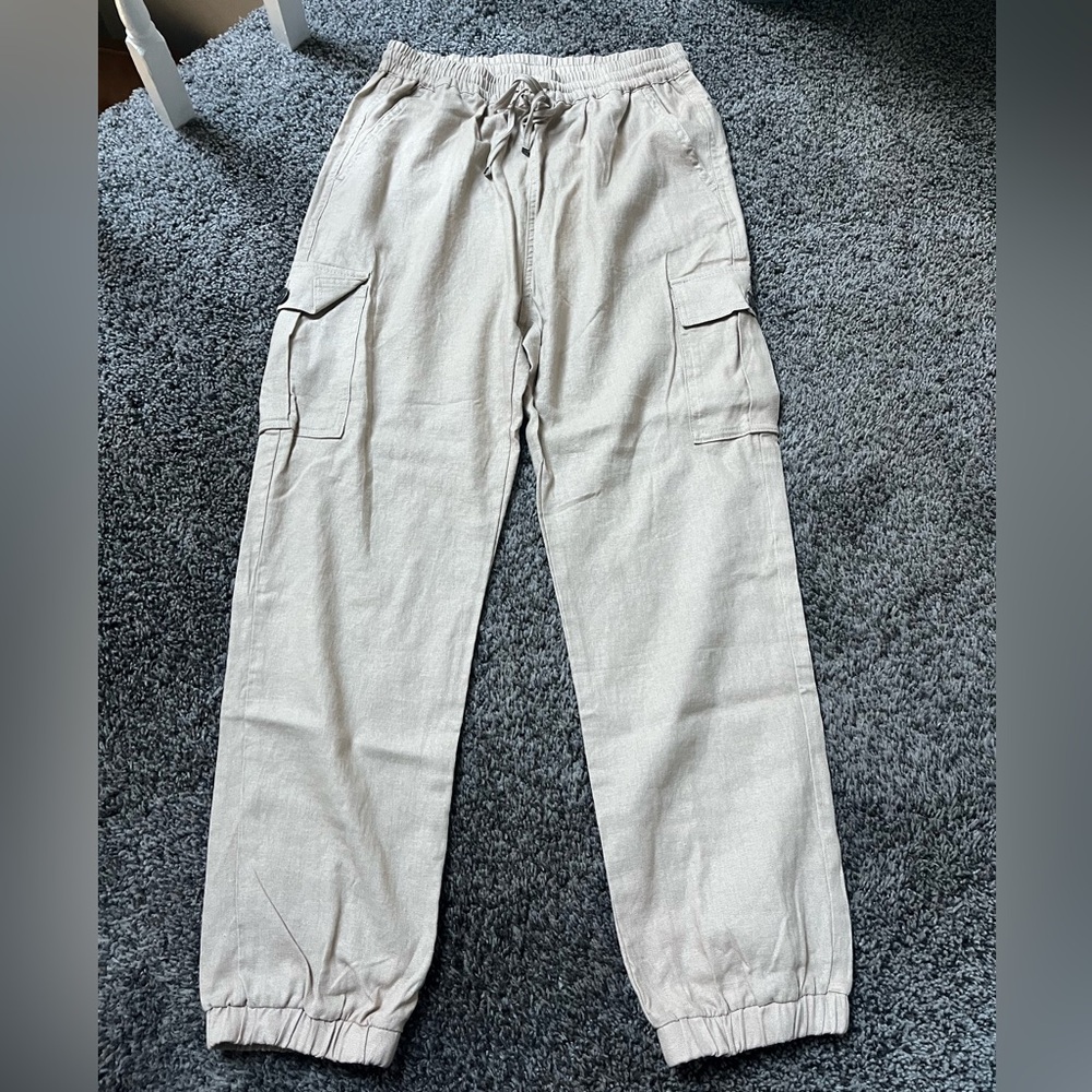 NWT Love Tree Tan Khaki Cargo Jogger Pants Women's Size Medium Linen Blend